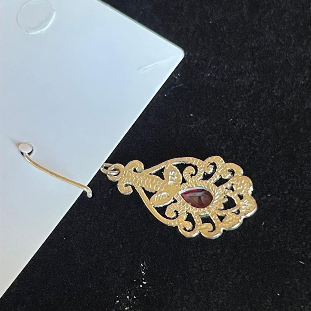 Silver Filigree Teardrop Earrings with Red Accent - Picture 2 of 4